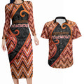 Custom Aotearoa Atua Ruaumoko Couples Matching Long Sleeve Bodycon Dress and Hawaiian Shirt God Of Volcanoes Koru Patterns