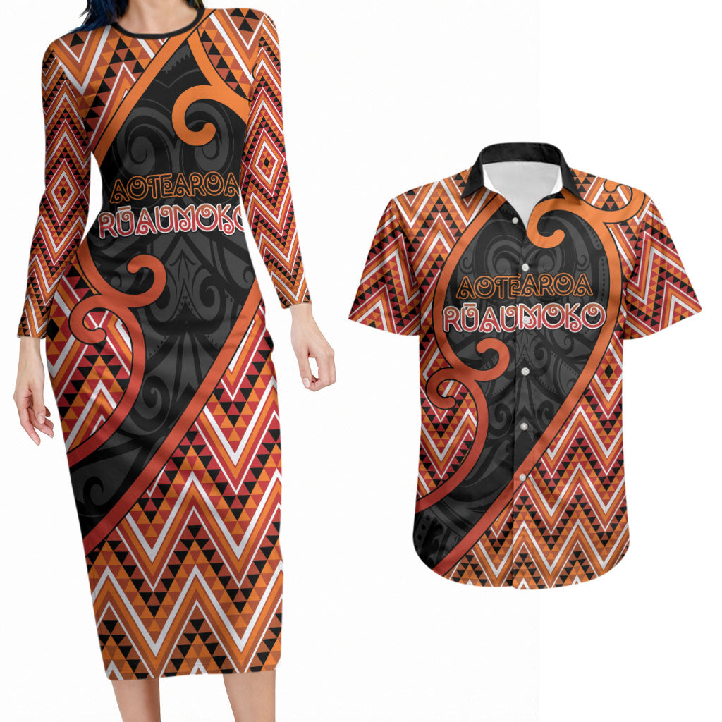 Custom Aotearoa Atua Ruaumoko Couples Matching Long Sleeve Bodycon Dress and Hawaiian Shirt God Of Volcanoes Koru Patterns