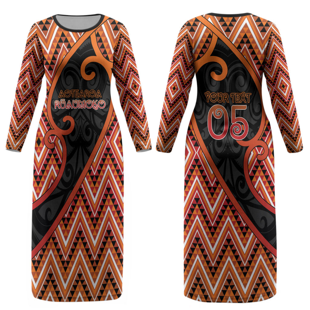 Custom Aotearoa Atua Ruaumoko Couples Matching Long Sleeve Bodycon Dress and Hawaiian Shirt God Of Volcanoes Koru Patterns