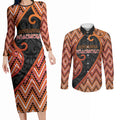 Custom Aotearoa Atua Ruaumoko Couples Matching Long Sleeve Bodycon Dress and Long Sleeve Button Shirt God Of Volcanoes Koru Patterns