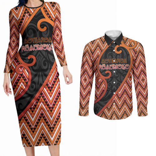 Custom Aotearoa Atua Ruaumoko Couples Matching Long Sleeve Bodycon Dress and Long Sleeve Button Shirt God Of Volcanoes Koru Patterns
