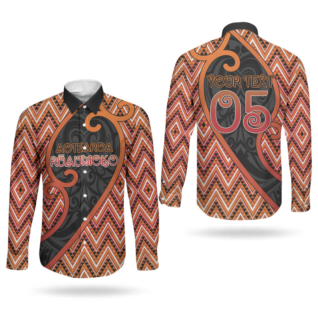 Custom Aotearoa Atua Ruaumoko Couples Matching Long Sleeve Bodycon Dress and Long Sleeve Button Shirt God Of Volcanoes Koru Patterns