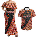 Custom Aotearoa Atua Ruaumoko Couples Matching Off Shoulder Maxi Dress and Hawaiian Shirt God Of Volcanoes Koru Patterns