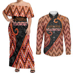 Custom Aotearoa Atua Ruaumoko Couples Matching Off Shoulder Maxi Dress and Long Sleeve Button Shirt God Of Volcanoes Koru Patterns