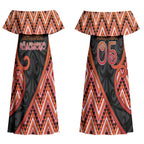 Custom Aotearoa Atua Ruaumoko Couples Matching Off Shoulder Maxi Dress and Long Sleeve Button Shirt God Of Volcanoes Koru Patterns