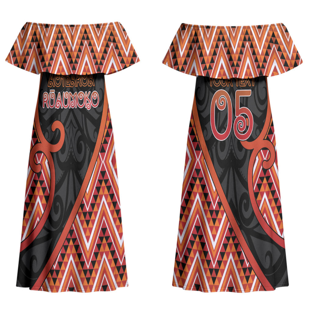 Custom Aotearoa Atua Ruaumoko Couples Matching Off Shoulder Maxi Dress and Long Sleeve Button Shirt God Of Volcanoes Koru Patterns