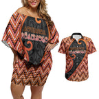 Custom Aotearoa Atua Ruaumoko Couples Matching Off Shoulder Short Dress and Hawaiian Shirt God Of Volcanoes Koru Patterns