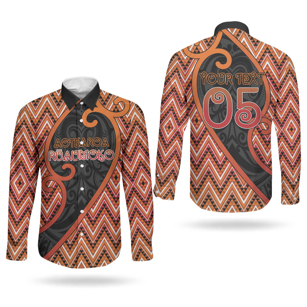 Custom Aotearoa Atua Ruaumoko Couples Matching Off The Shoulder Long Sleeve Dress and Long Sleeve Button Shirt God Of Volcanoes Koru Patterns