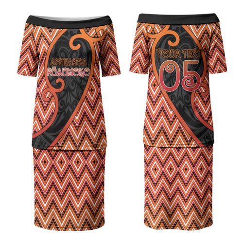 Custom Aotearoa Atua Ruaumoko Couples Matching Puletasi and Long Sleeve Button Shirt God Of Volcanoes Koru Patterns
