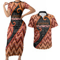 Custom Aotearoa Atua Ruaumoko Couples Matching Short Sleeve Bodycon Dress and Hawaiian Shirt God Of Volcanoes Koru Patterns