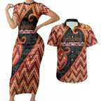 Custom Aotearoa Atua Ruaumoko Couples Matching Short Sleeve Bodycon Dress and Hawaiian Shirt God Of Volcanoes Koru Patterns