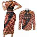 Custom Aotearoa Atua Ruaumoko Couples Matching Short Sleeve Bodycon Dress and Long Sleeve Button Shirt God Of Volcanoes Koru Patterns