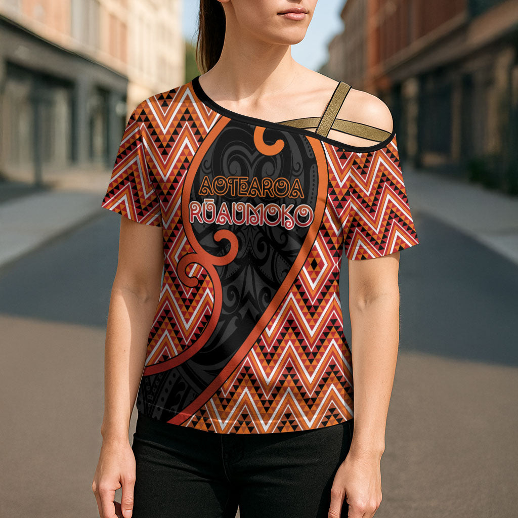 Custom Aotearoa Atua Ruaumoko Cross Shoulder Shirt God Of Volcanoes Koru Patterns