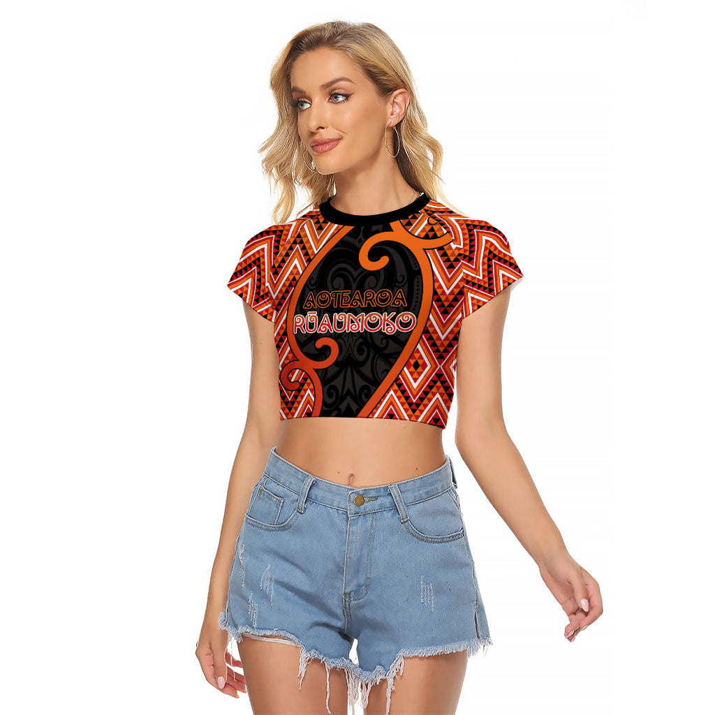 Custom Aotearoa Atua Ruaumoko Raglan Cropped T Shirt God Of Volcanoes Koru Patterns