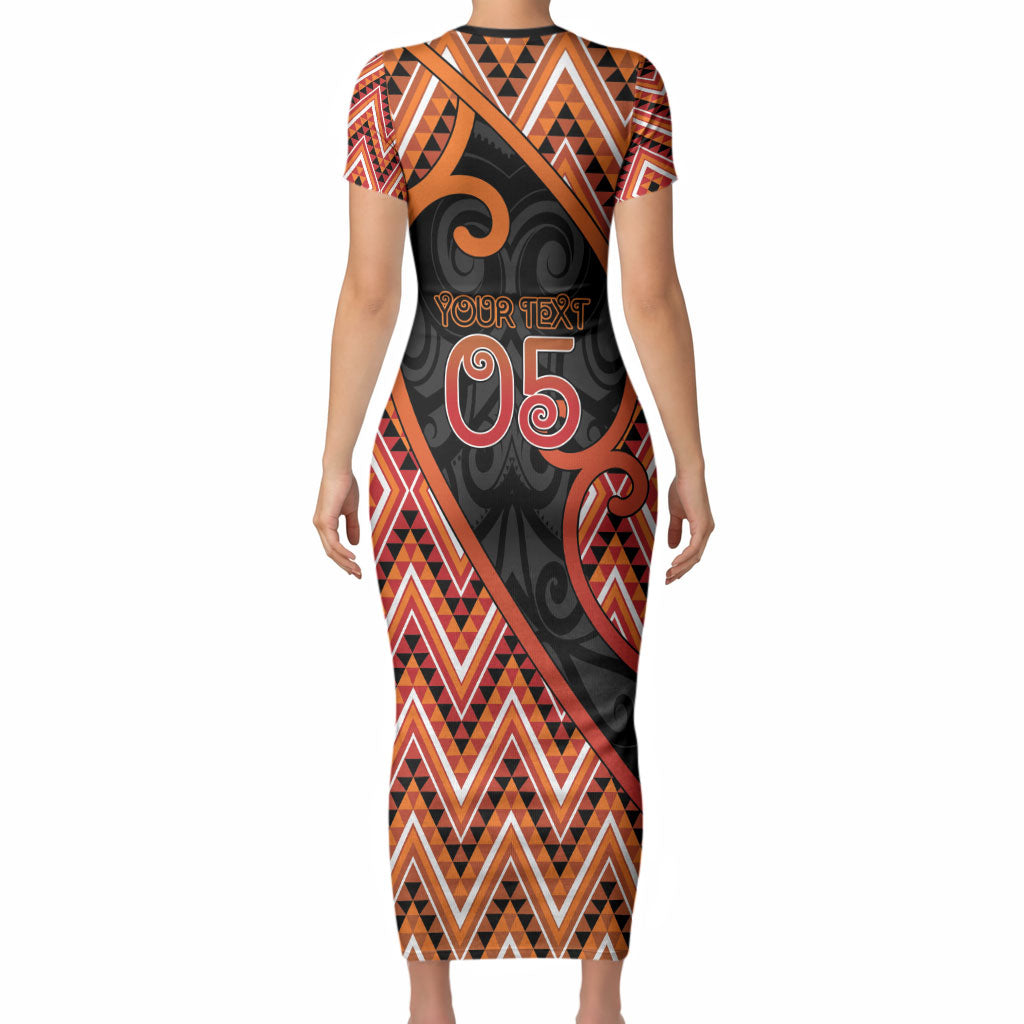 Custom Aotearoa Atua Ruaumoko Short Sleeve Bodycon Dress God Of Volcanoes Koru Patterns