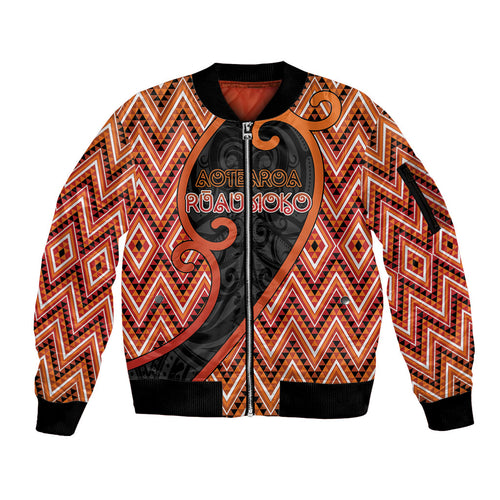 Custom Aotearoa Atua Ruaumoko Sleeve Zip Bomber Jacket God Of Volcanoes Koru Patterns