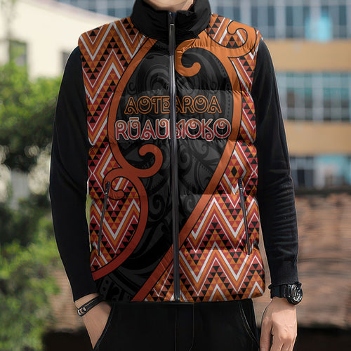 Custom Aotearoa Atua Ruaumoko Sleeveless Puffer Jacket God Of Volcanoes Koru Patterns