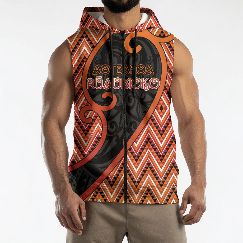 Custom Aotearoa Atua Ruaumoko Sleeveless Zip Hoodie God Of Volcanoes Koru Patterns