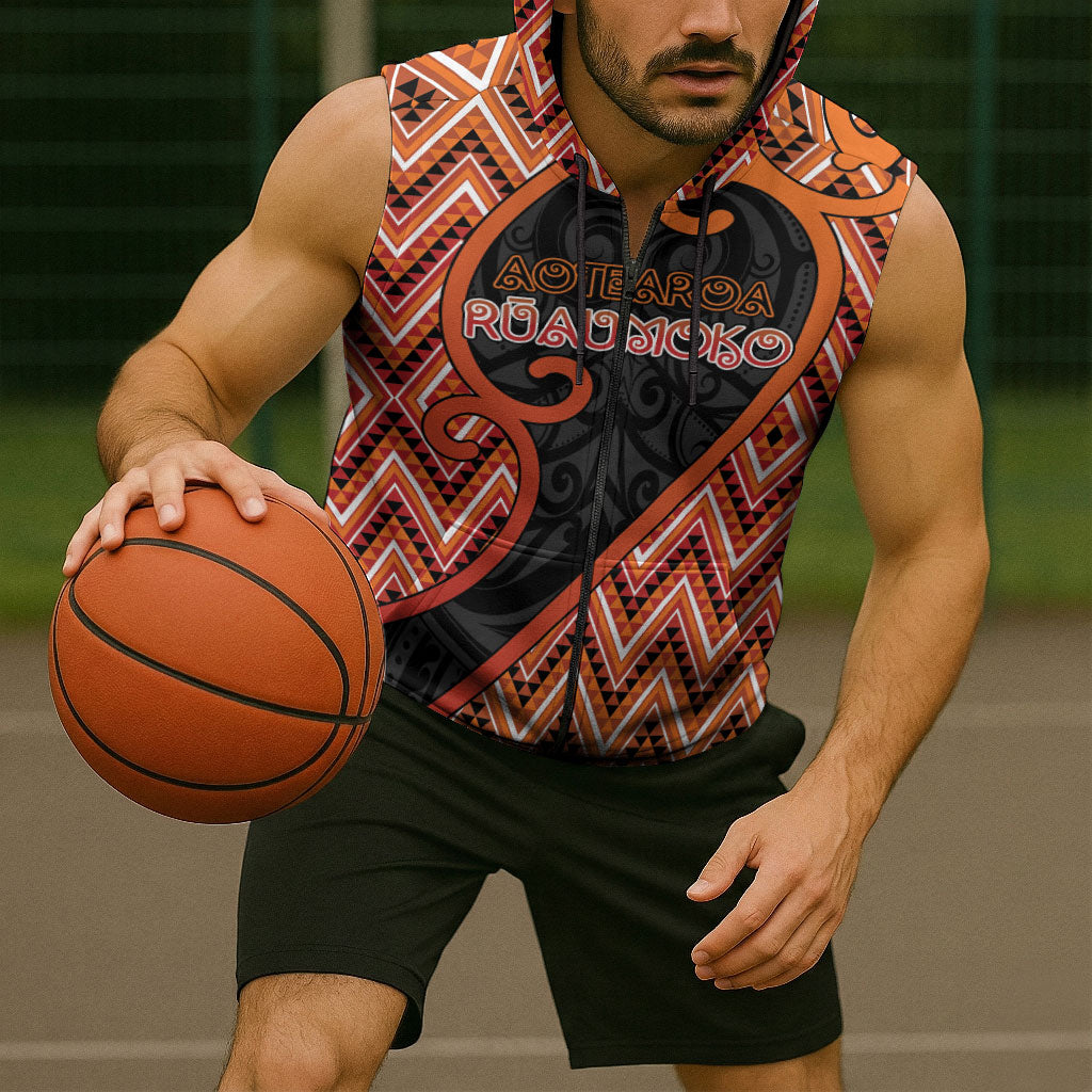 Custom Aotearoa Atua Ruaumoko Sleeveless Zip Hoodie God Of Volcanoes Koru Patterns