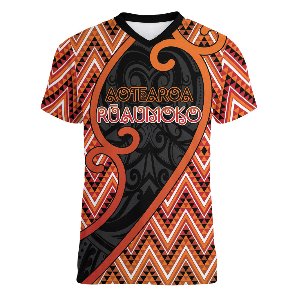 Custom Aotearoa Atua Ruaumoko Women V-Neck T-Shirt God Of Volcanoes Koru Patterns