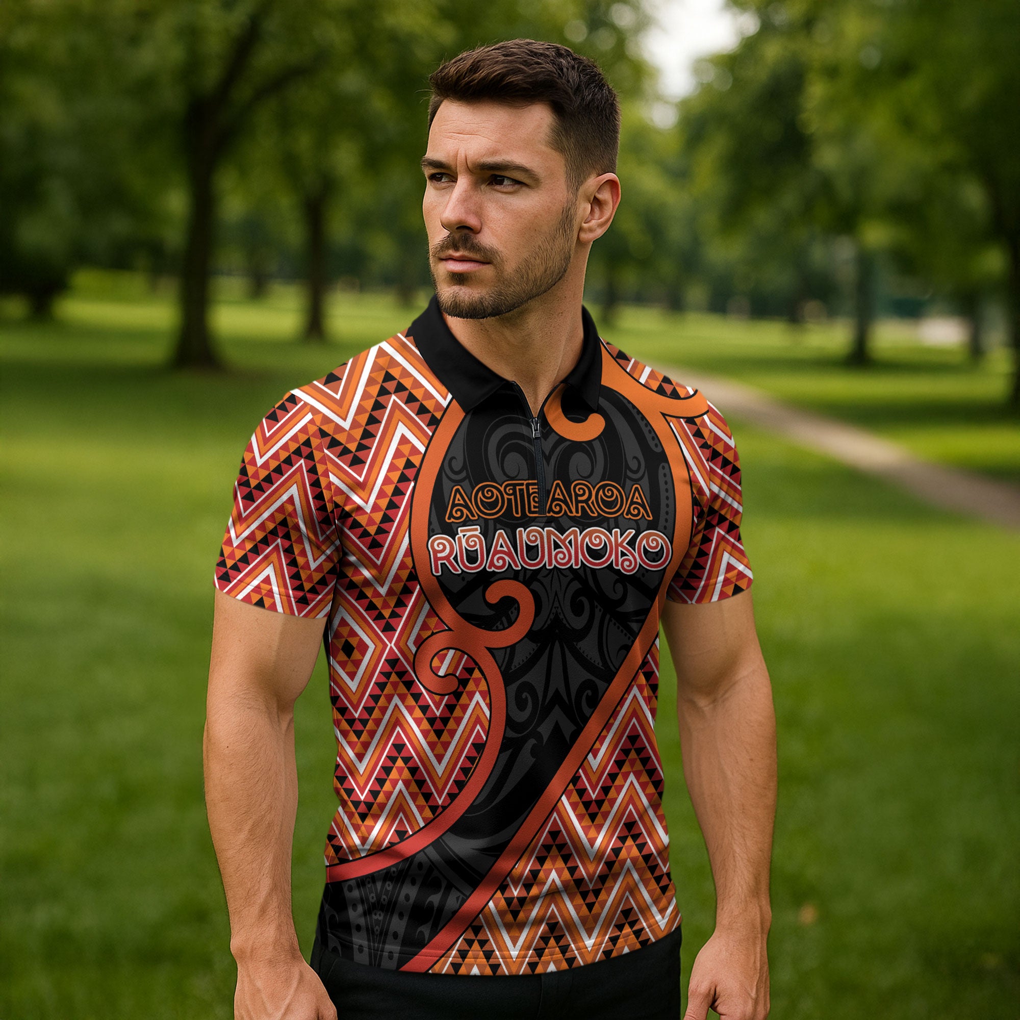 Custom Aotearoa Atua Ruaumoko Zipper Polo Shirt God Of Volcanoes Koru Patterns