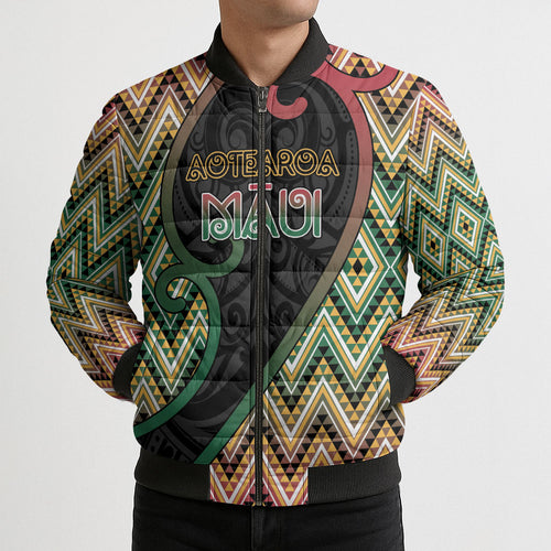 Custom Aotearoa Atua Maui Bomber Puffer Jacket Demigod Hero And Trickster Koru Patterns