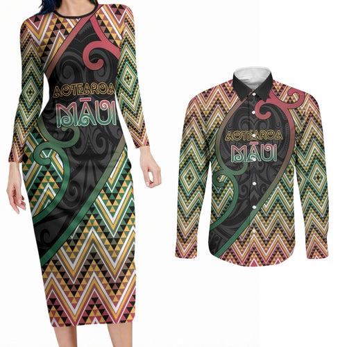Custom Aotearoa Atua Maui Couples Matching Long Sleeve Bodycon Dress and Long Sleeve Button Shirt Demigod Hero And Trickster Koru Patterns