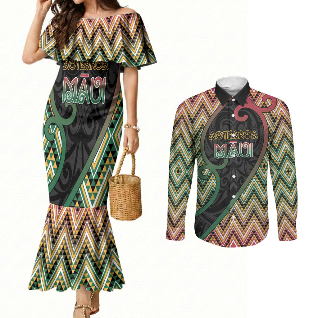 Custom Aotearoa Atua Maui Couples Matching Mermaid Dress and Long Sleeve Button Shirt Demigod Hero And Trickster Koru Patterns