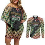 Custom Aotearoa Atua Maui Couples Matching Off Shoulder Short Dress and Long Sleeve Button Shirt Demigod Hero And Trickster Koru Patterns
