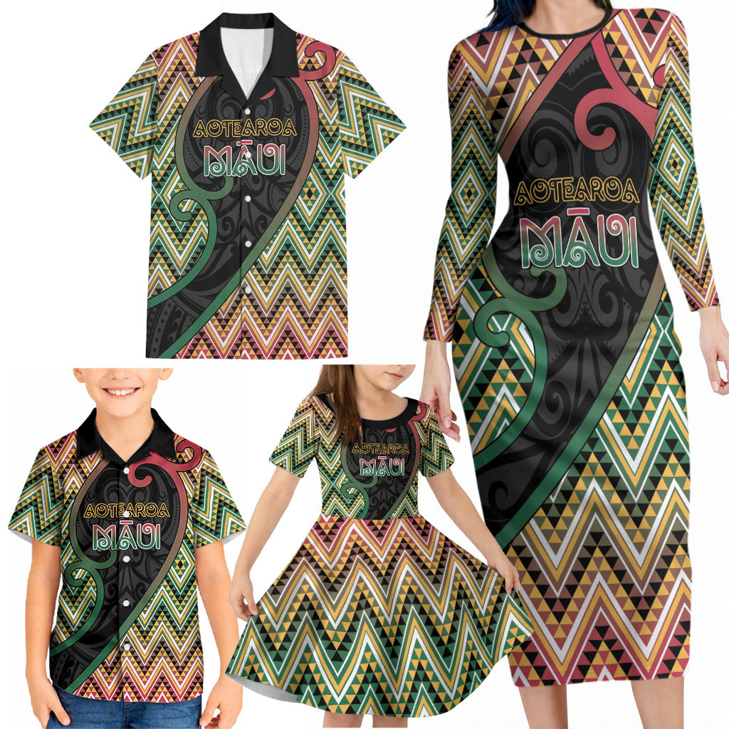 Custom Aotearoa Atua Maui Family Matching Long Sleeve Bodycon Dress and Hawaiian Shirt Demigod Hero And Trickster Koru Patterns