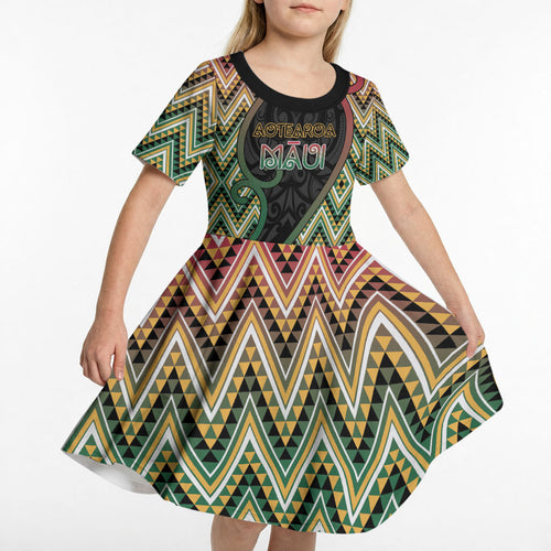 Custom Aotearoa Atua Maui Kid Short Sleeve Dress Demigod Hero And Trickster Koru Patterns
