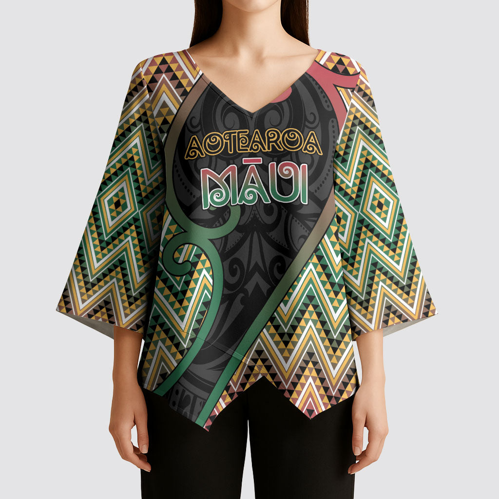 Custom Aotearoa Atua Maui Kimono Sleeve Blouse Demigod Hero And Trickster Koru Patterns