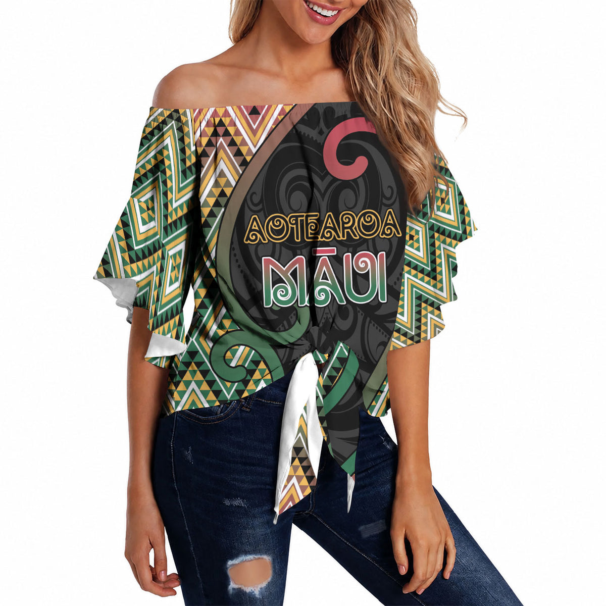 Custom Aotearoa Atua Maui Off Shoulder Wrap Waist Top Demigod Hero And Trickster Koru Patterns