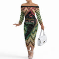 Custom Aotearoa Atua Maui Off The Shoulder Long Sleeve Dress Demigod Hero And Trickster Koru Patterns