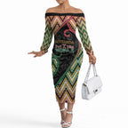 Custom Aotearoa Atua Maui Off The Shoulder Long Sleeve Dress Demigod Hero And Trickster Koru Patterns