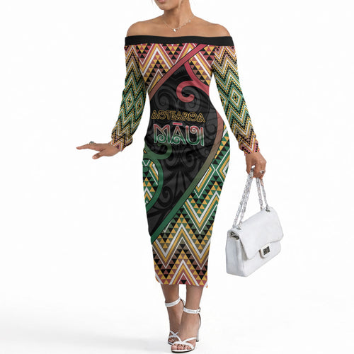 Custom Aotearoa Atua Maui Off The Shoulder Long Sleeve Dress Demigod Hero And Trickster Koru Patterns