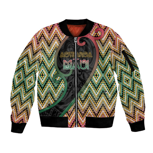 Custom Aotearoa Atua Maui Sleeve Zip Bomber Jacket Demigod Hero And Trickster Koru Patterns