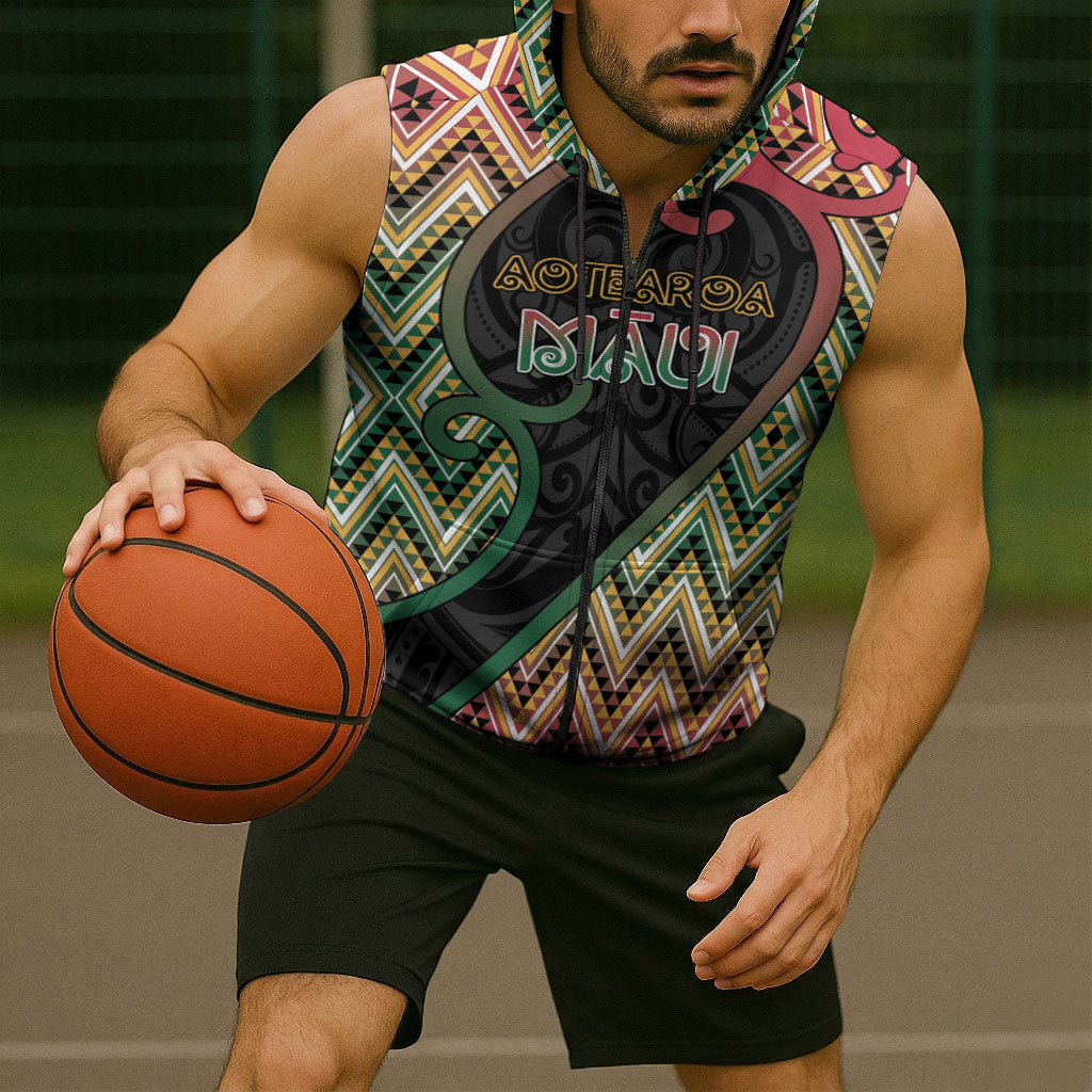 Custom Aotearoa Atua Maui Sleeveless Zip Hoodie Demigod Hero And Trickster Koru Patterns