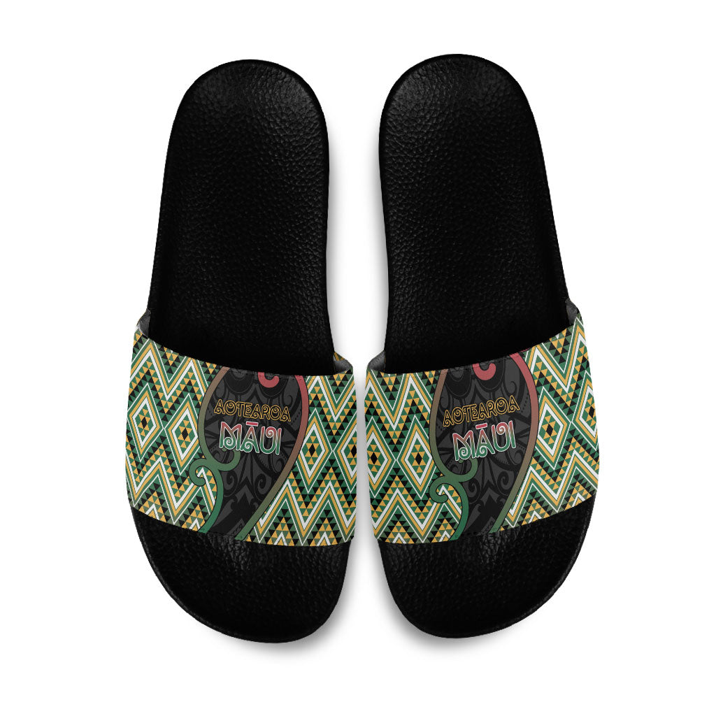 Aotearoa Atua Maui Slide Sandals Demigod Hero And Trickster Koru Patterns