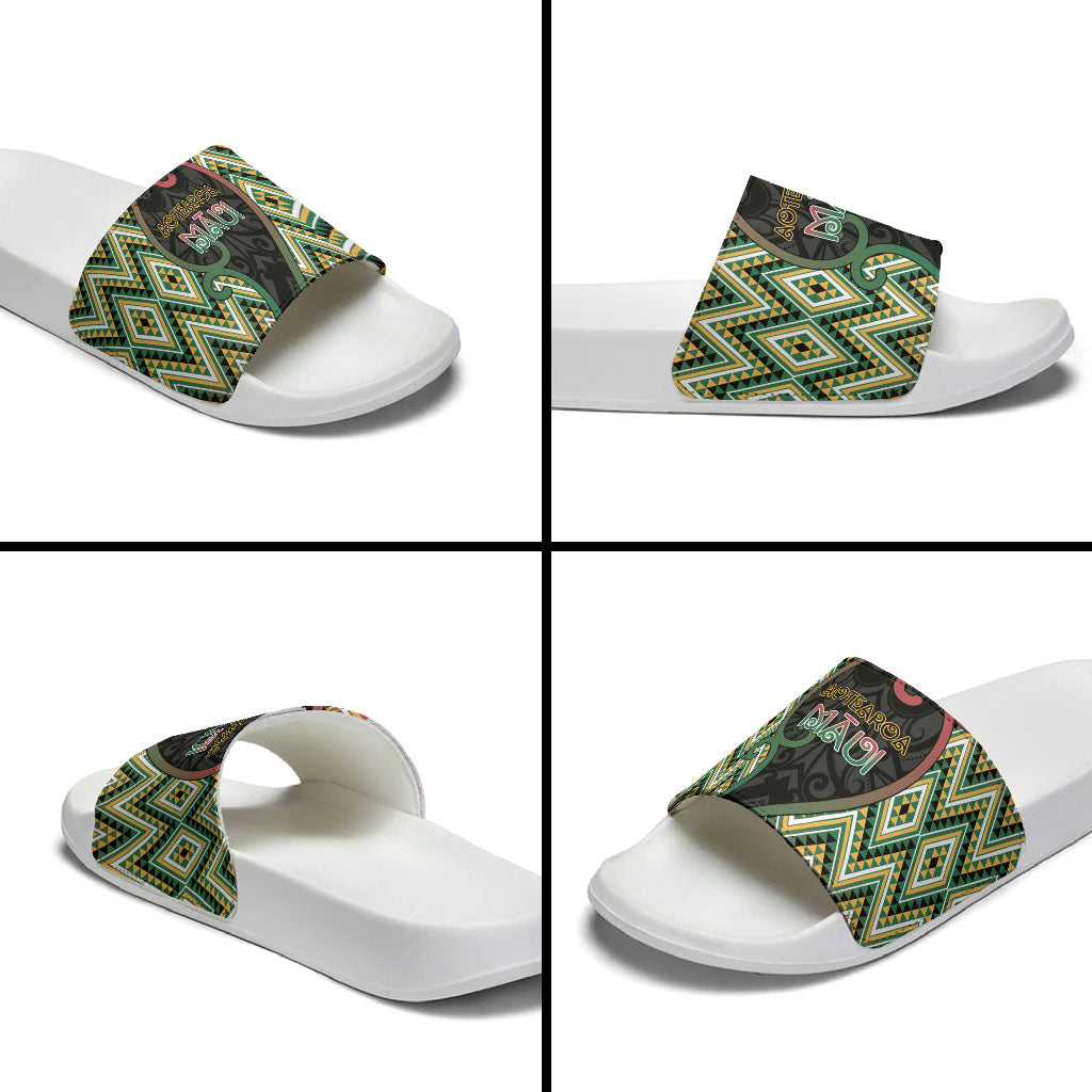 Aotearoa Atua Maui Slide Sandals Demigod Hero And Trickster Koru Patterns