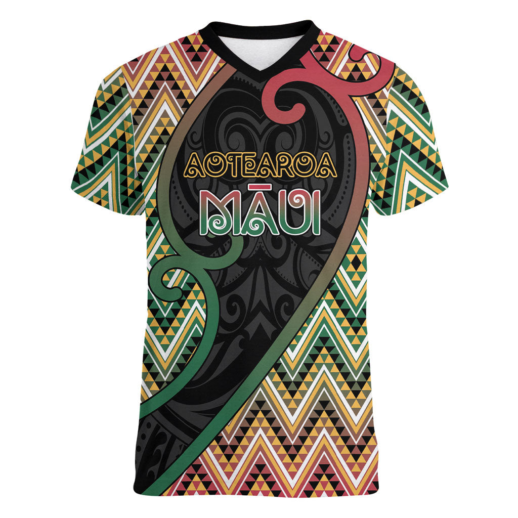 Custom Aotearoa Atua Maui Women V-Neck T-Shirt Demigod Hero And Trickster Koru Patterns