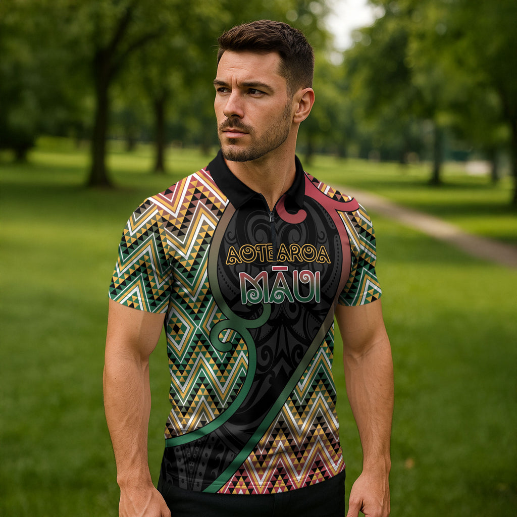 Custom Aotearoa Atua Maui Zipper Polo Shirt Demigod Hero And Trickster Koru Patterns