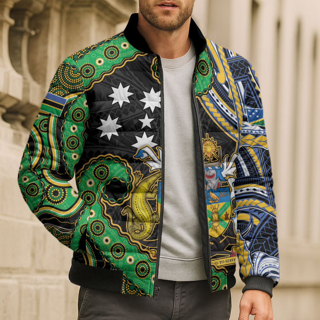 South Sea Islanders And Solomon Islands Bomber Puffer Jacket Solomons Coat Of Arms And Southern Cross