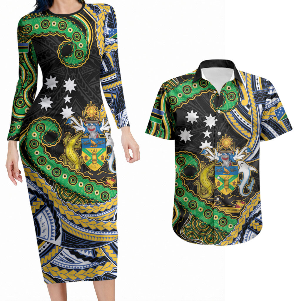 South Sea Islanders And Solomon Islands Couples Matching Long Sleeve Bodycon Dress and Hawaiian Shirt Solomons Coat Of Arms And Southern Cross