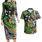 South Sea Islanders And Solomon Islands Couples Matching Long Sleeve Bodycon Dress and Hawaiian Shirt Solomons Coat Of Arms And Southern Cross