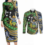 South Sea Islanders And Solomon Islands Couples Matching Long Sleeve Bodycon Dress and Long Sleeve Button Shirt Solomons Coat Of Arms And Southern Cross