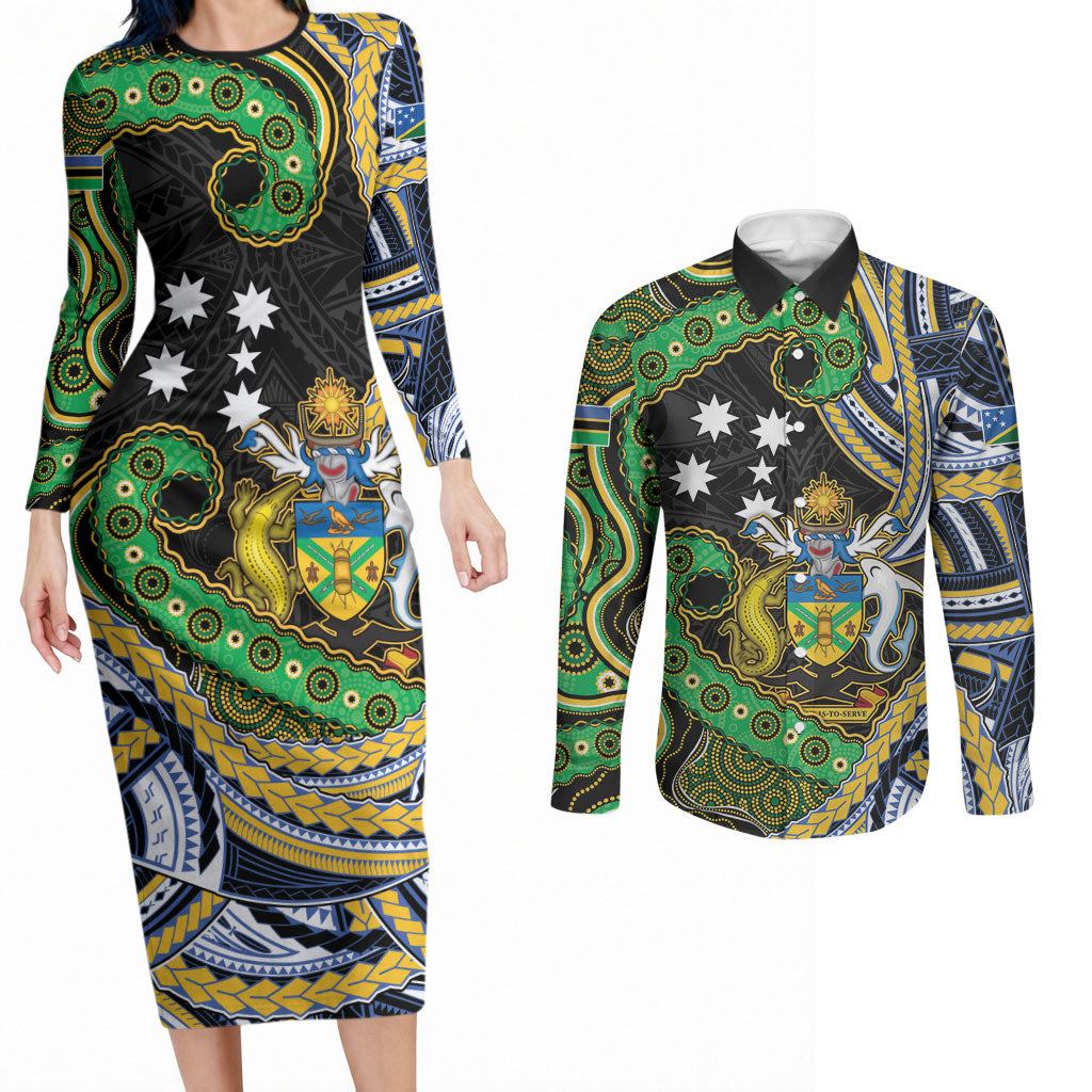 South Sea Islanders And Solomon Islands Couples Matching Long Sleeve Bodycon Dress and Long Sleeve Button Shirt Solomons Coat Of Arms And Southern Cross