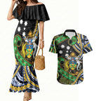 South Sea Islanders And Solomon Islands Couples Matching Mermaid Dress and Hawaiian Shirt Solomons Coat Of Arms And Southern Cross