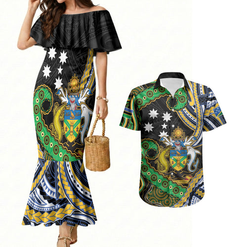 South Sea Islanders And Solomon Islands Couples Matching Mermaid Dress and Hawaiian Shirt Solomons Coat Of Arms And Southern Cross