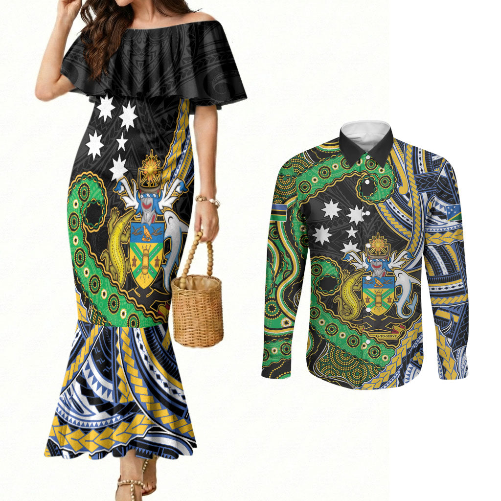 South Sea Islanders And Solomon Islands Couples Matching Mermaid Dress and Long Sleeve Button Shirt Solomons Coat Of Arms And Southern Cross